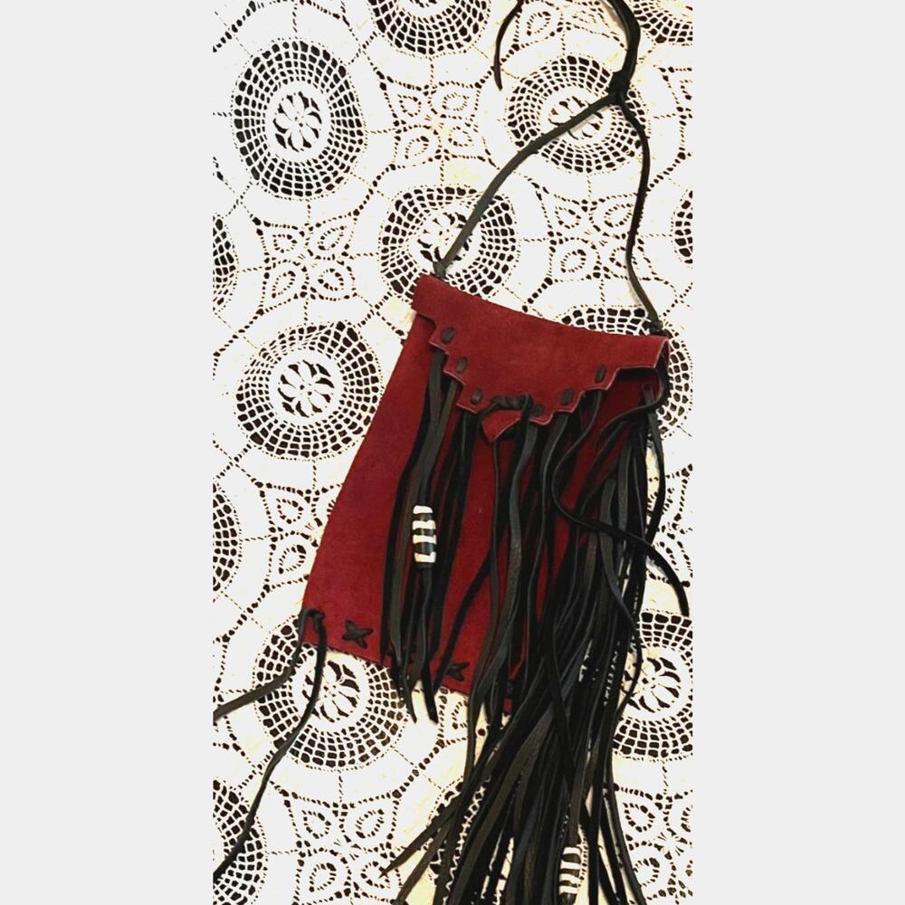Handmade Suede Fringe Bead Wristlet Bag Maroon Black Western Boho Festival Purse